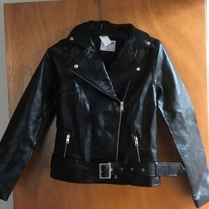 Old Navy Black Faux Leather Moto Jacket with Belt